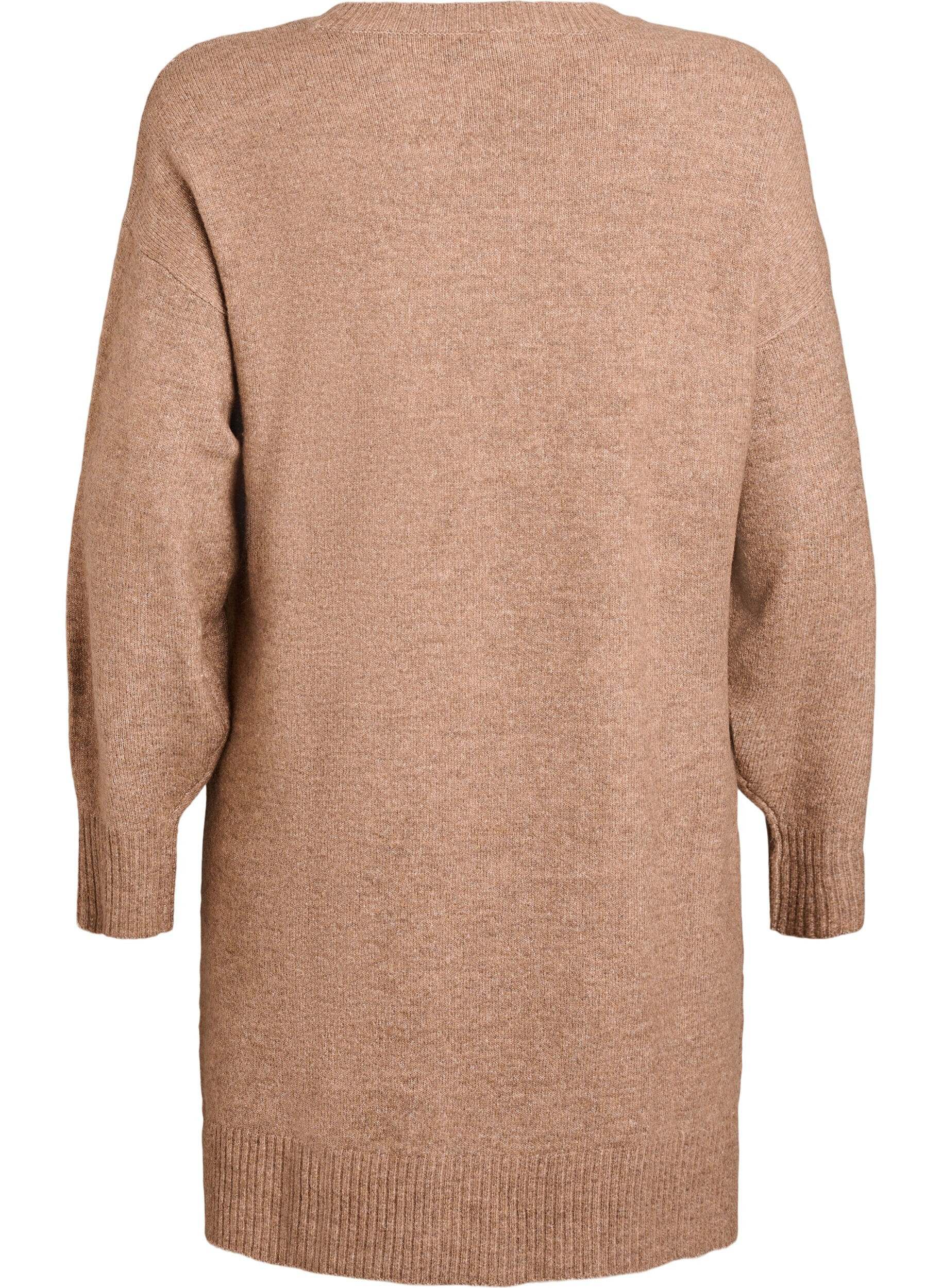 ZizziKort strikkjole med V-formet strukturm&oslash;nster, Brun, Packshot image number 1