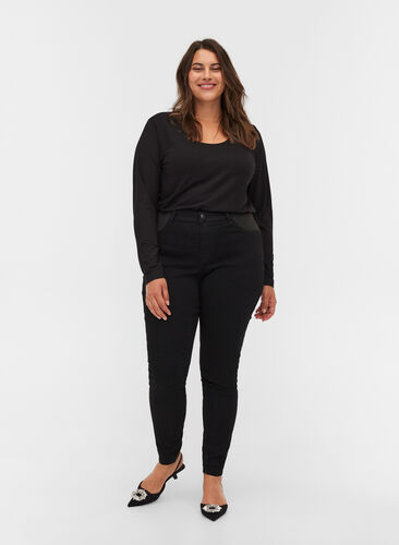 Super slim Amy jeans med elastik i taljen, Black, Model image number 0