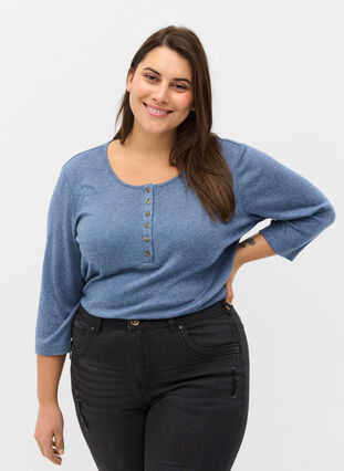 Meleret bluse med knapper og 3/4 ærmer , Blue Melange, Model image number 0