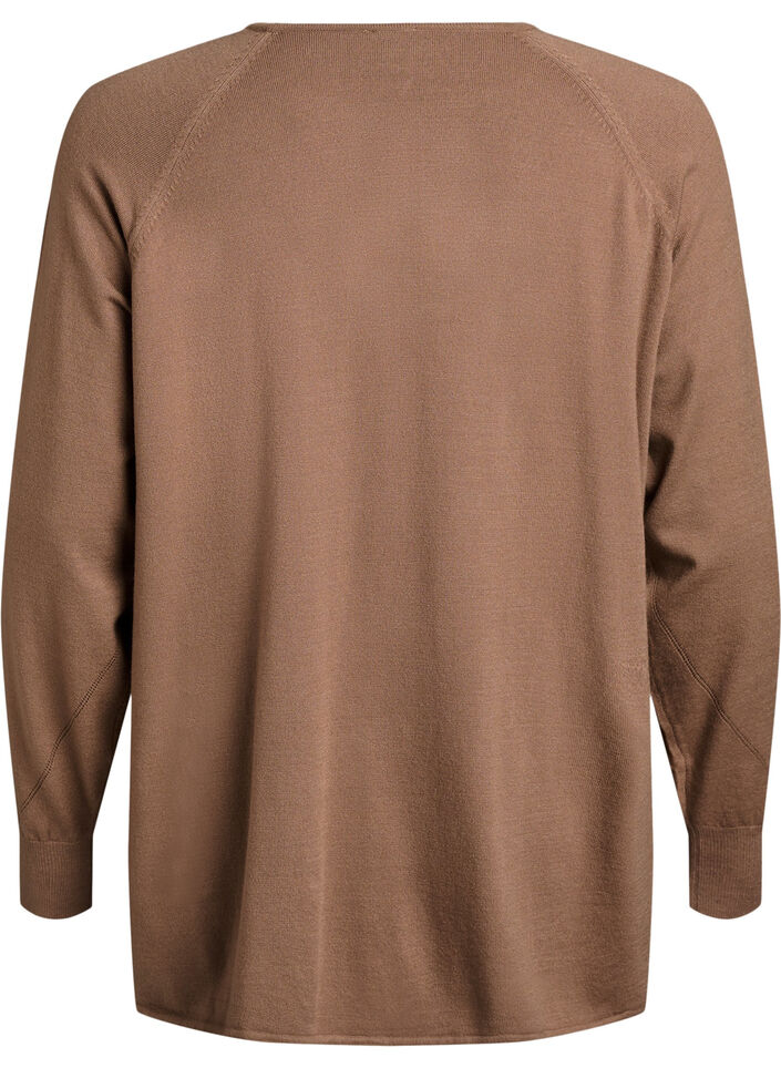 Strikbluse med rund hals og strikket m&oslash;nster, Brun, Packshot image number 1