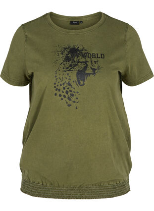 Kortærmet t-shirt med acid wash og smock, Ivy Green acid wash, Packshot image number 0