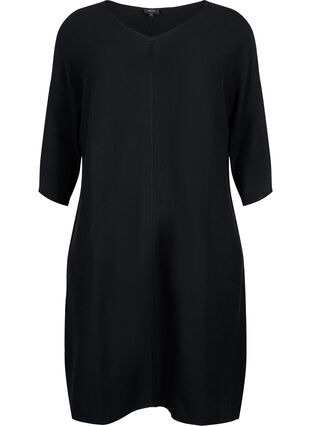 Ribstrikket kjole med 3/4 ærmer, Black, Packshot image number 0