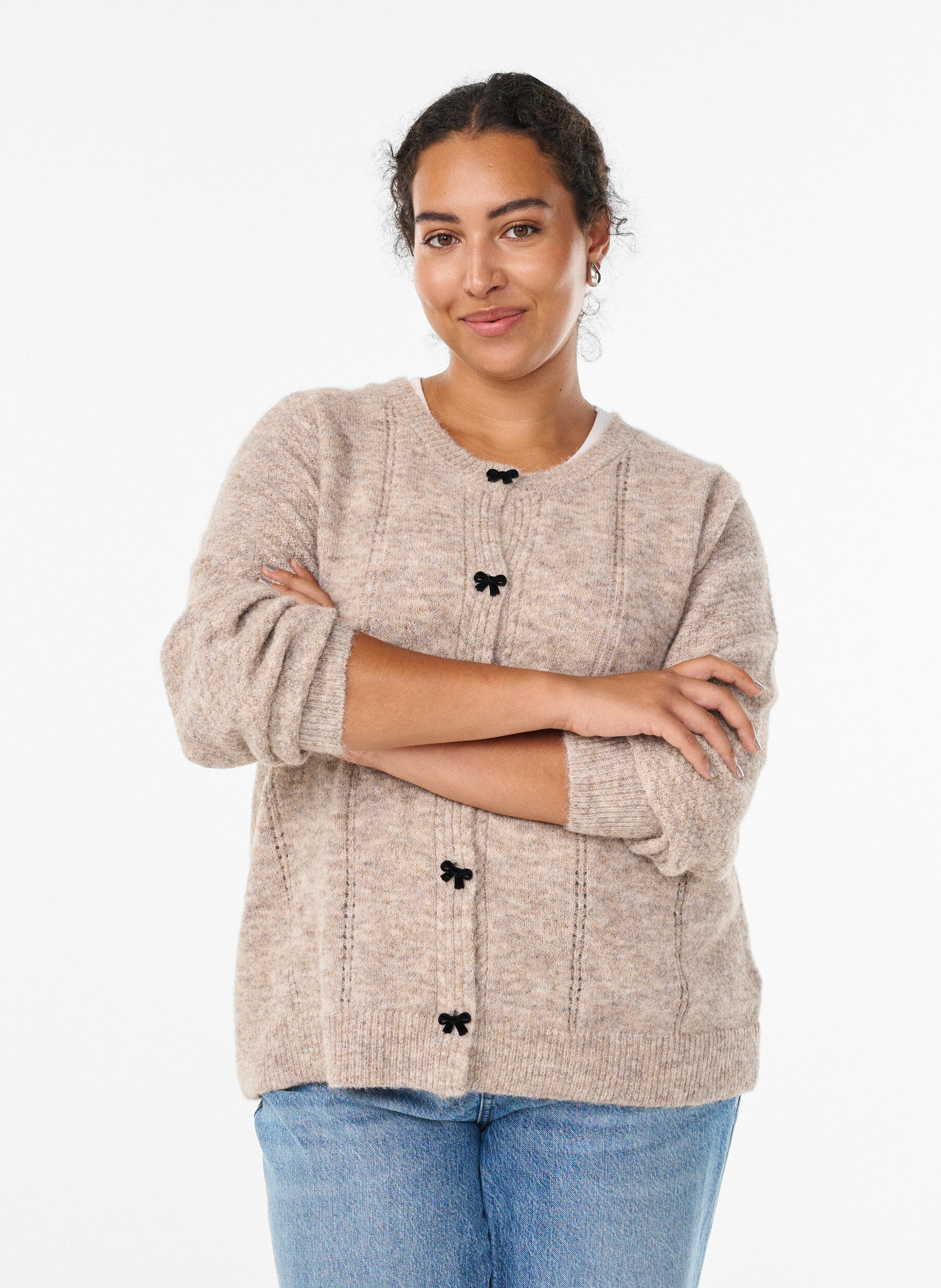 Zizzi Cardigan med sl&oslash;jfeknapper og hulm&oslash;nster, Beige, Model image number 0