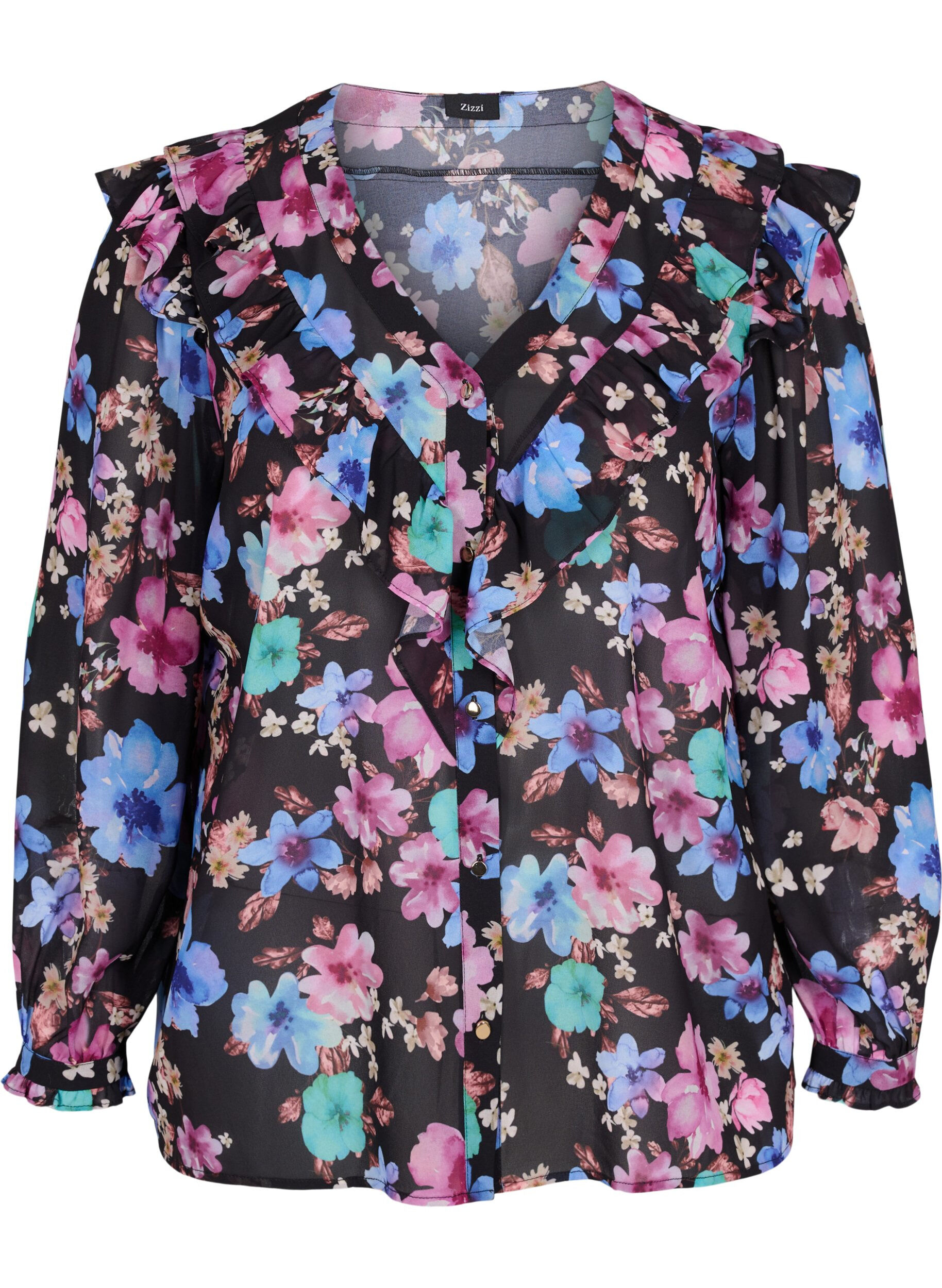 Zizzi Blomstret bluse med fl&aelig;sedetaljer, Bright Fall Print, Packshot image number 0