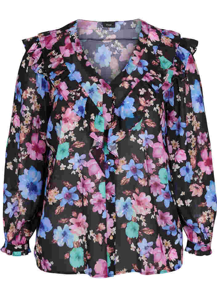 Blomstret bluse med flæsedetaljer, Bright Fall Print, Packshot