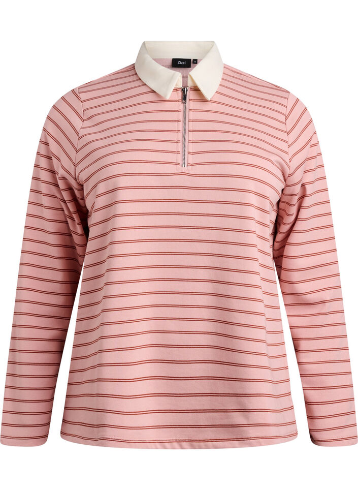 Stribet poloshirt med lynlås, Lyserød, Packshot image number 0