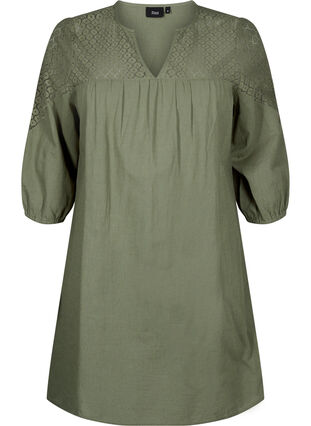 Kjole i bomuldsmix med hør og crochetdetalje, Deep Lichen Green, Packshot image number 0