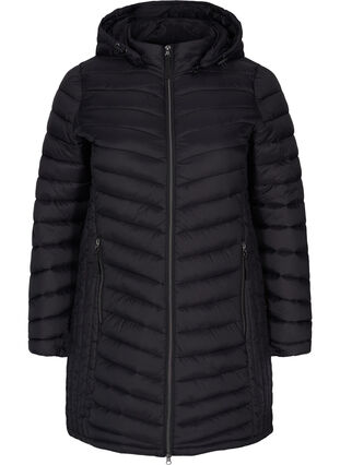 Quiltet letvægts jakke med aftagelig hætte og lommer, Black, Packshot image number 0