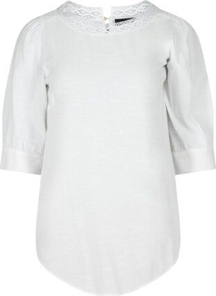 Tunika med 3/4 ærmer og blonder, Bright White, Packshot image number 0