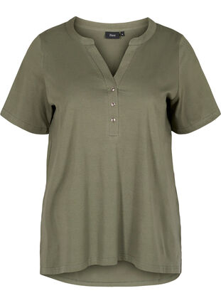 Bomulds t-shirt med v-hals og knapper, Thyme, Packshot image number 0