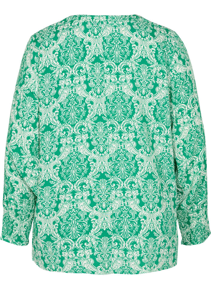 Printet viskosebluse med smock, Jolly Green Oriental, Packshot image number 1