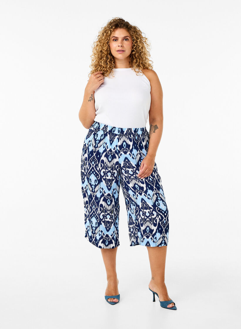 Culotte bukser i viskose med print, Blue Ethnic AOP, Model image number 0