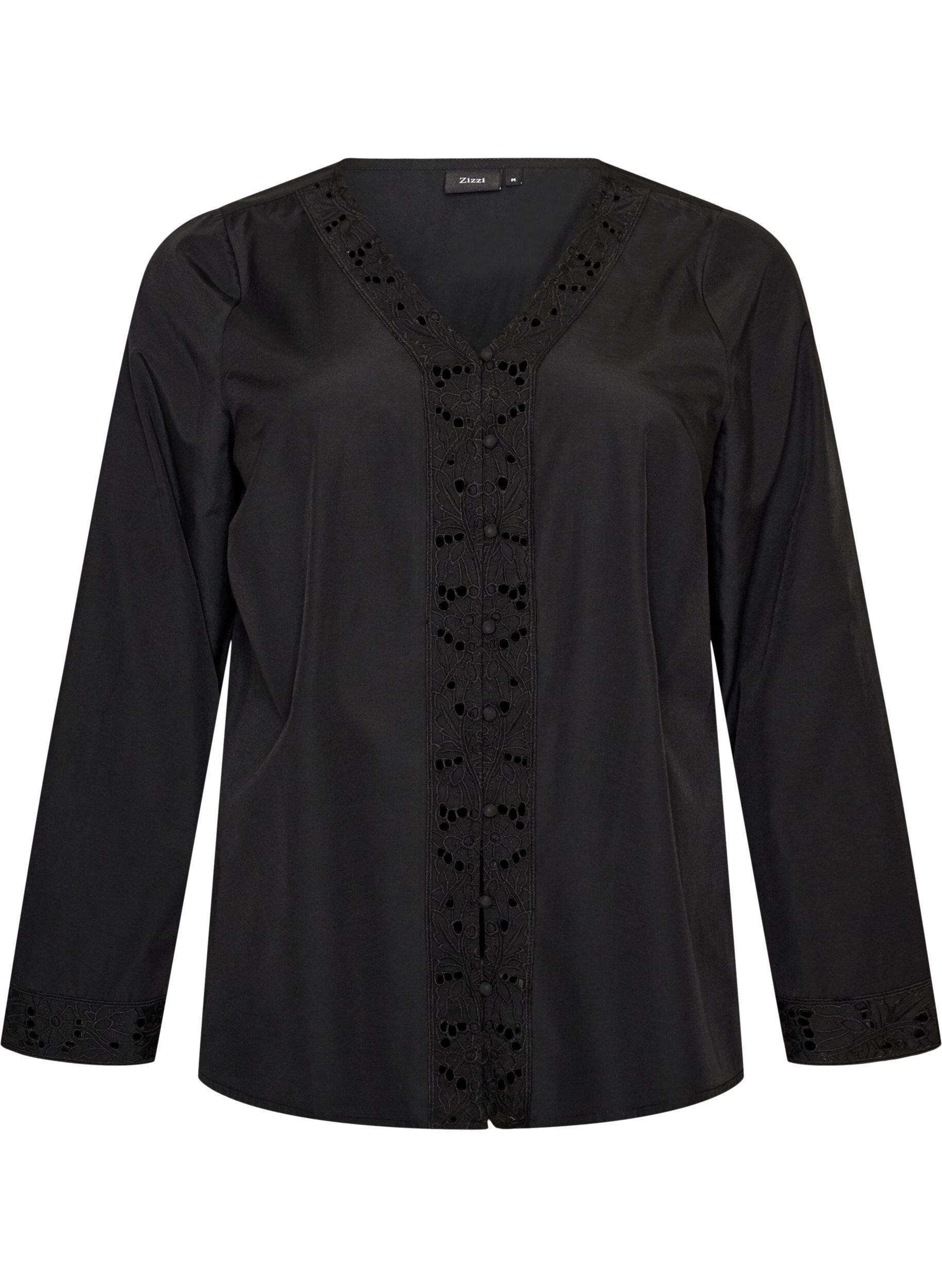 ZizziSkjortebluse med broderie anglaise, Sort, Packshot image number 0