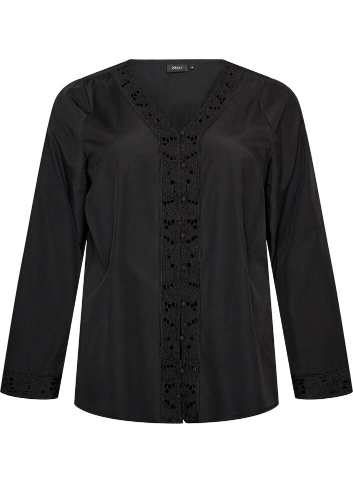 Skjortebluse med broderie anglaise, Sort, Packshot image number 0
