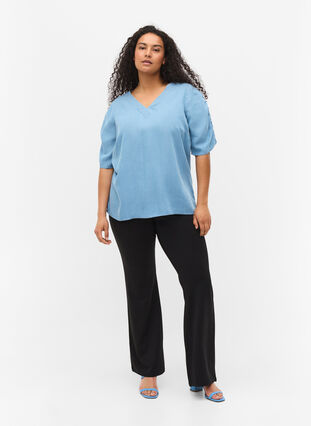 Bluse med draperede ærmer, Light blue denim, Model image number 3