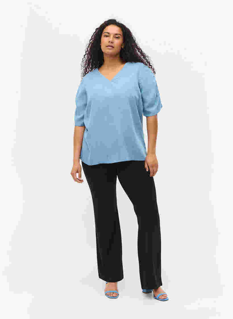 Bluse med draperede ærmer, Light blue denim, Model image number 3