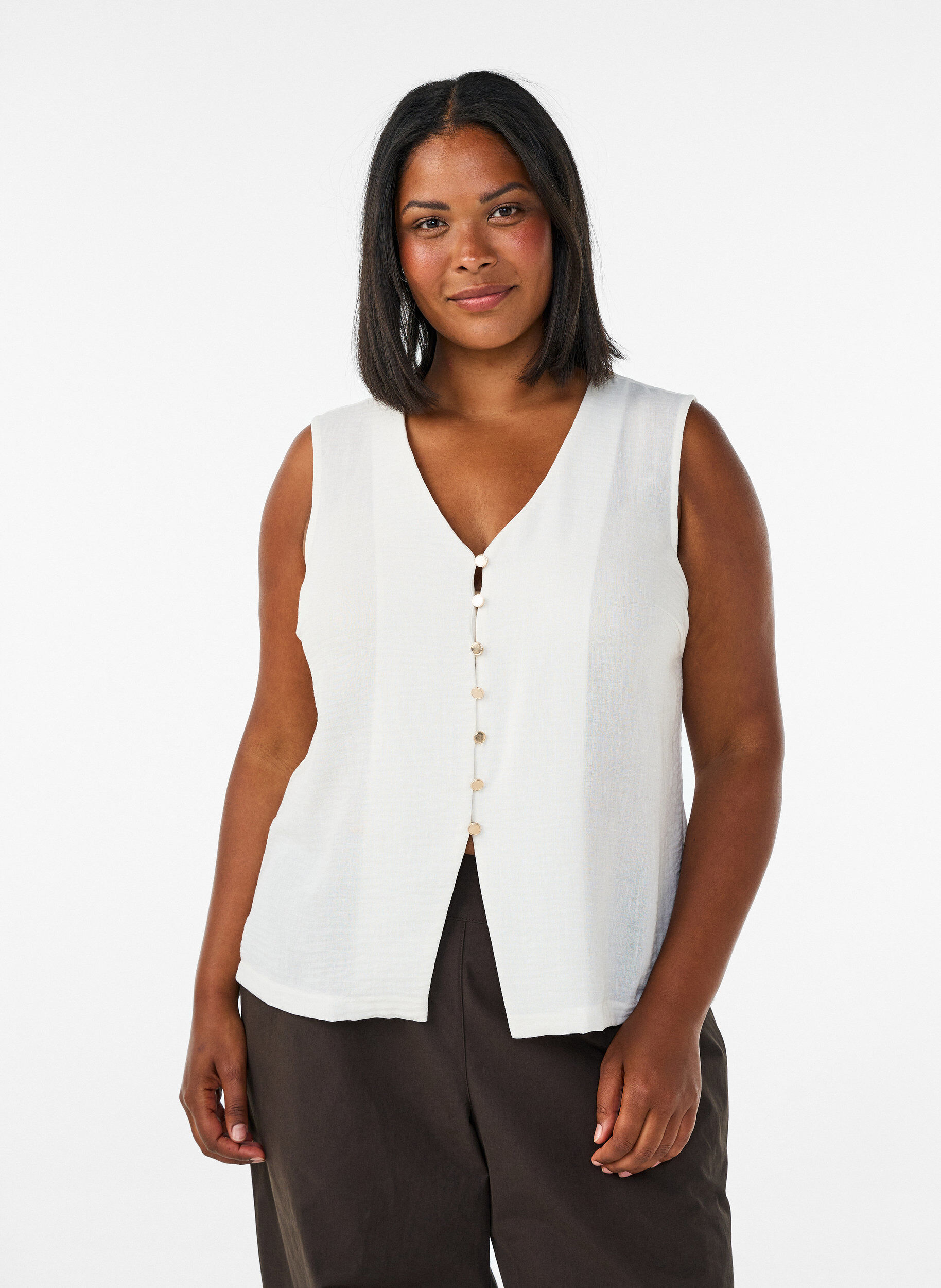 &AElig;rmel&oslash;s vest med V-udsk&aelig;ring og knapper, Vanilla, Model