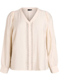 Bluse med V-hals og broderede bånd, Beige