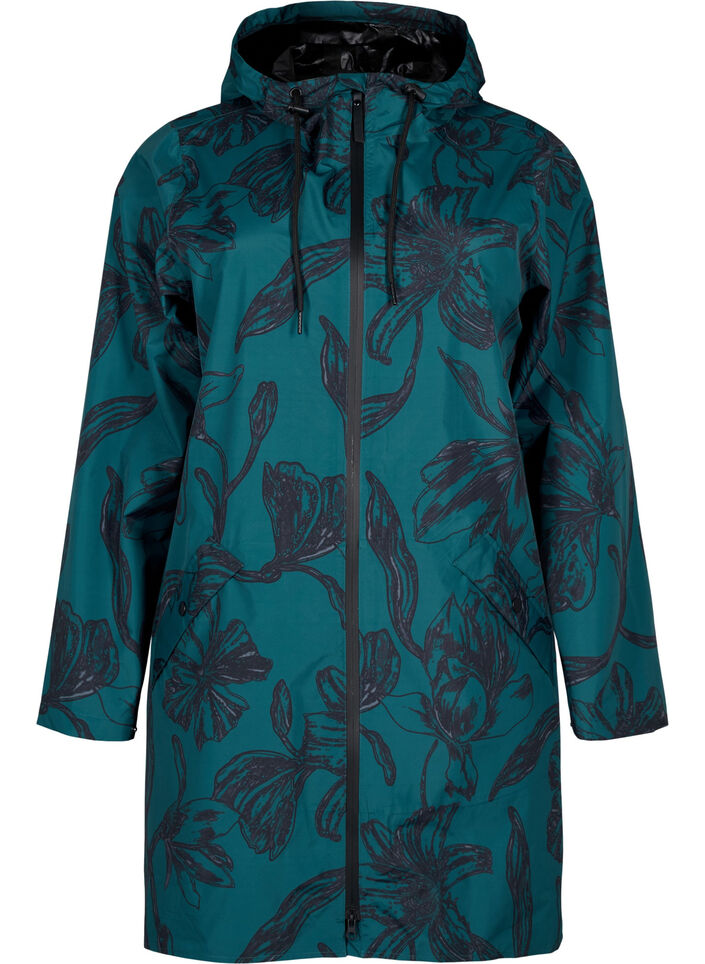 Regnjakke med print, Deep Teal Black, Packshot image number 0
