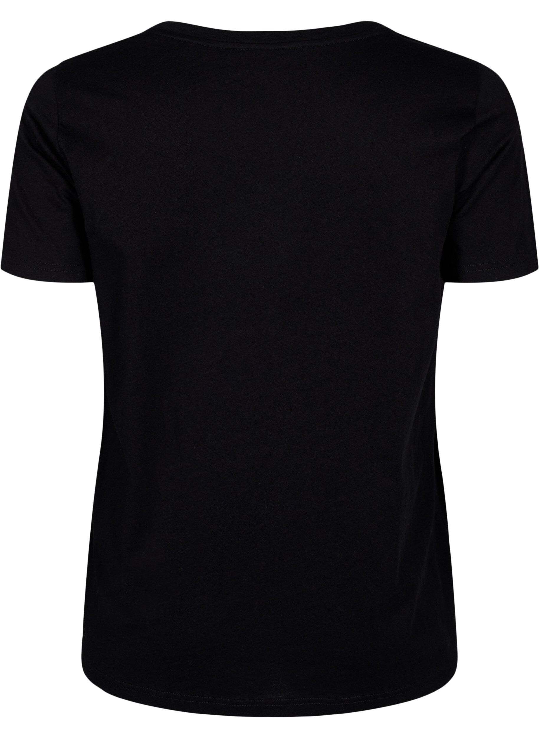 Zizzi Bomulds t-shirt med motiv, Black w. Flower, Packshot image number 1