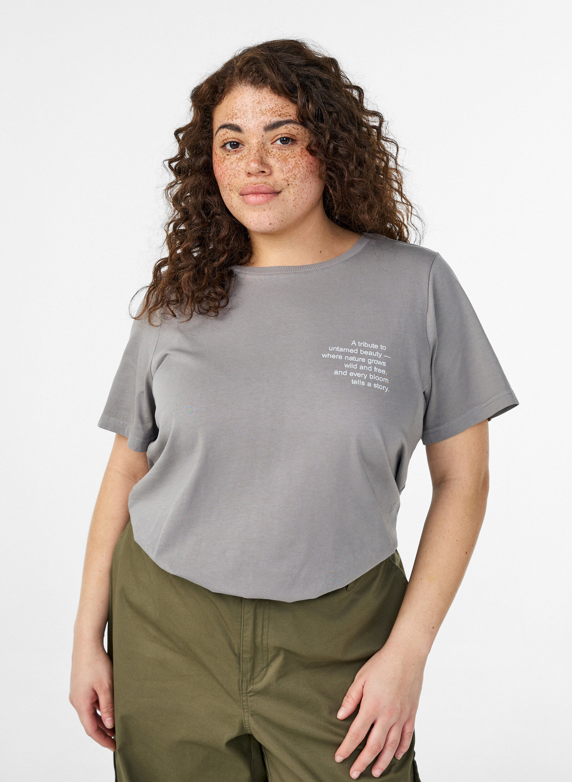 Zizzi T-shirt i bomuld med front- og rygprint, 9990, Model image number 0