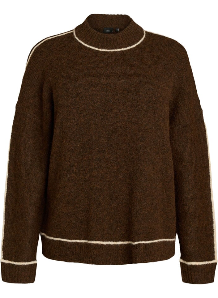 Striktr&oslash;je med turtleneck og kontraststriber, Brun, Packshot image number 0