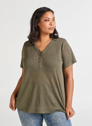 Kortærmet t-shirt med knapper , Ivy green, Model image number 0
