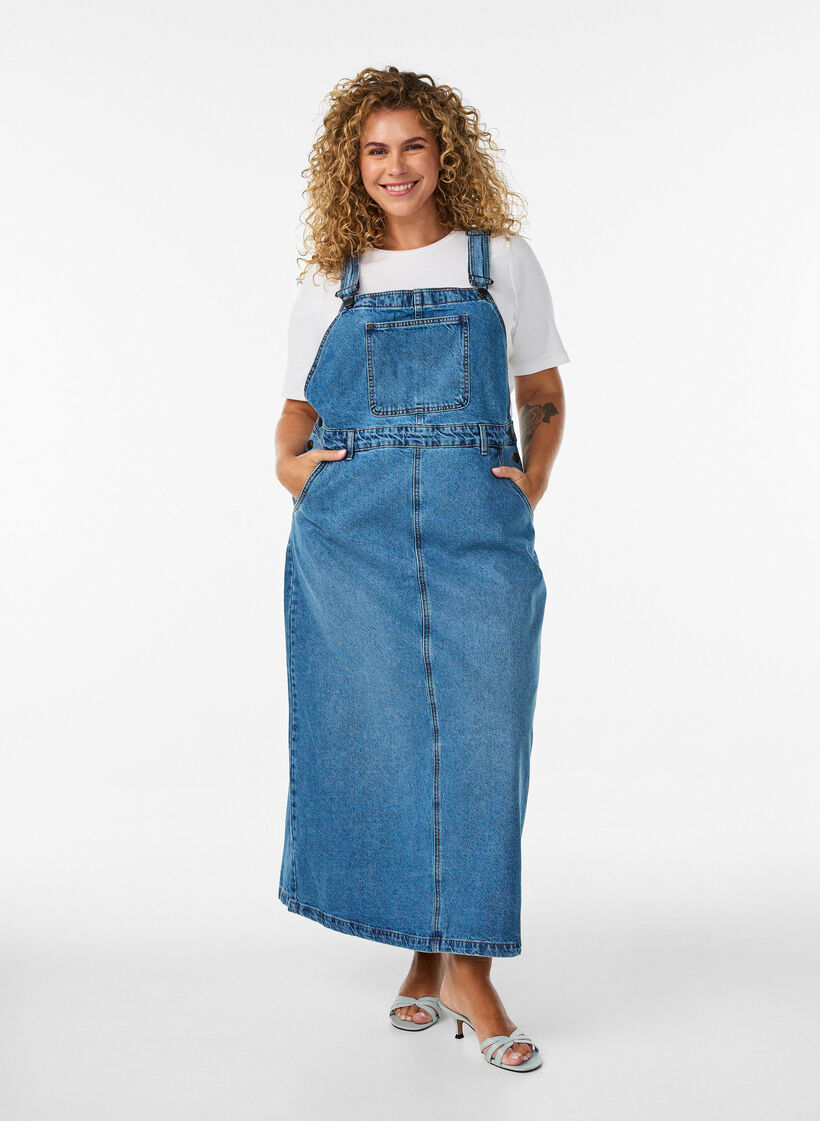Midi denim overall-kjole, Bl&aring;, Model image number 0