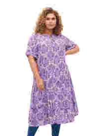 Kortærmet viskose kjole med print, D. Lavender Oriental, Model