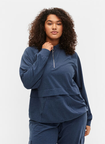 Sweatshirt med lynlås og lomme, Insignia Blue Mel. , Model image number 0