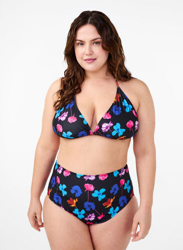 Bikini underdel med print og høj talje, Black Flower AOP, Model image number 0