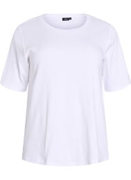 Ribbet jerseybluse med korte &aelig;rmer, Hvid