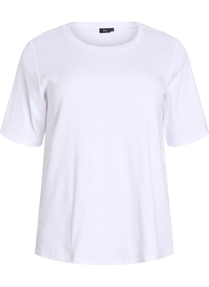 Ribbet jerseybluse med korte &aelig;rmer, Hvid, Packshot image number 0