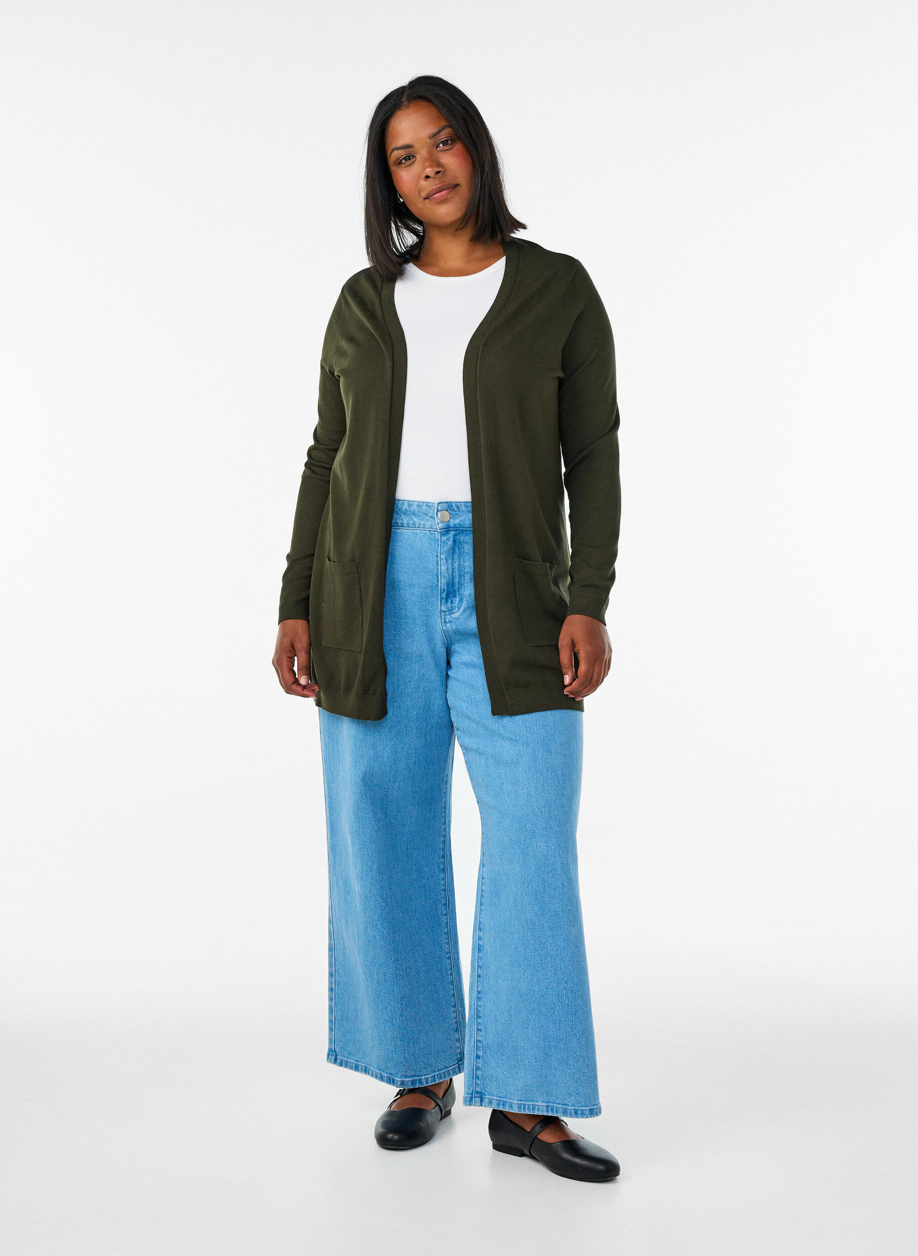 ZizziLang strikcardigan i viskosemix, Gr&oslash;n, Model image number 1
