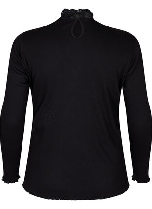 Højhalset bluse med blonder , Black, Packshot image number 1