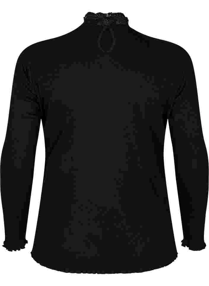 Højhalset bluse med blonder , Black, Packshot image number 1