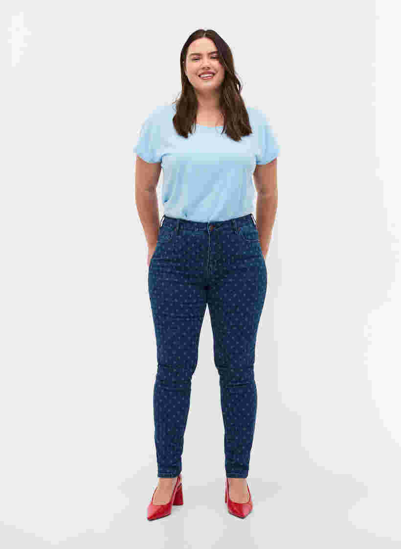 Super slim Amy jeans med printdetaljer, Dark blue, Model