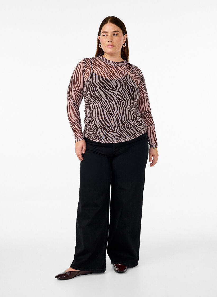 Mesh bluse med zebramønster, Sort, Model image number 1