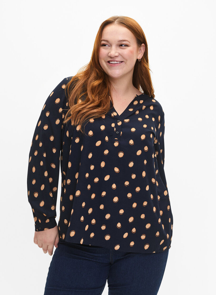 FLASH - Langærmet bluse med print, Blue Double Dot, Model image number 0