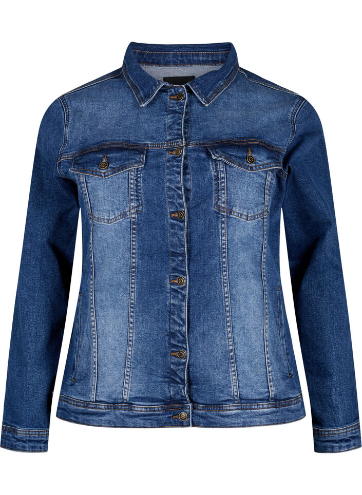 Kort denimjakke i bomuld, Blue denim, Packshot image number 0
