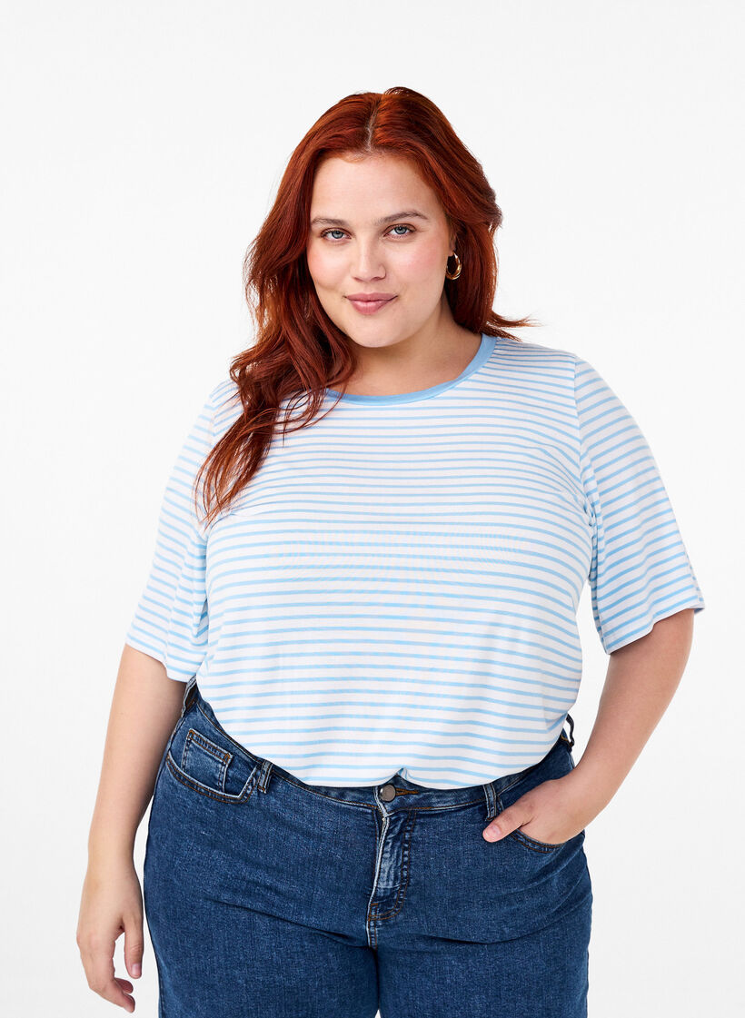 Stribet t-shirt i lyocell med rund hals, Blå, Model image number 0