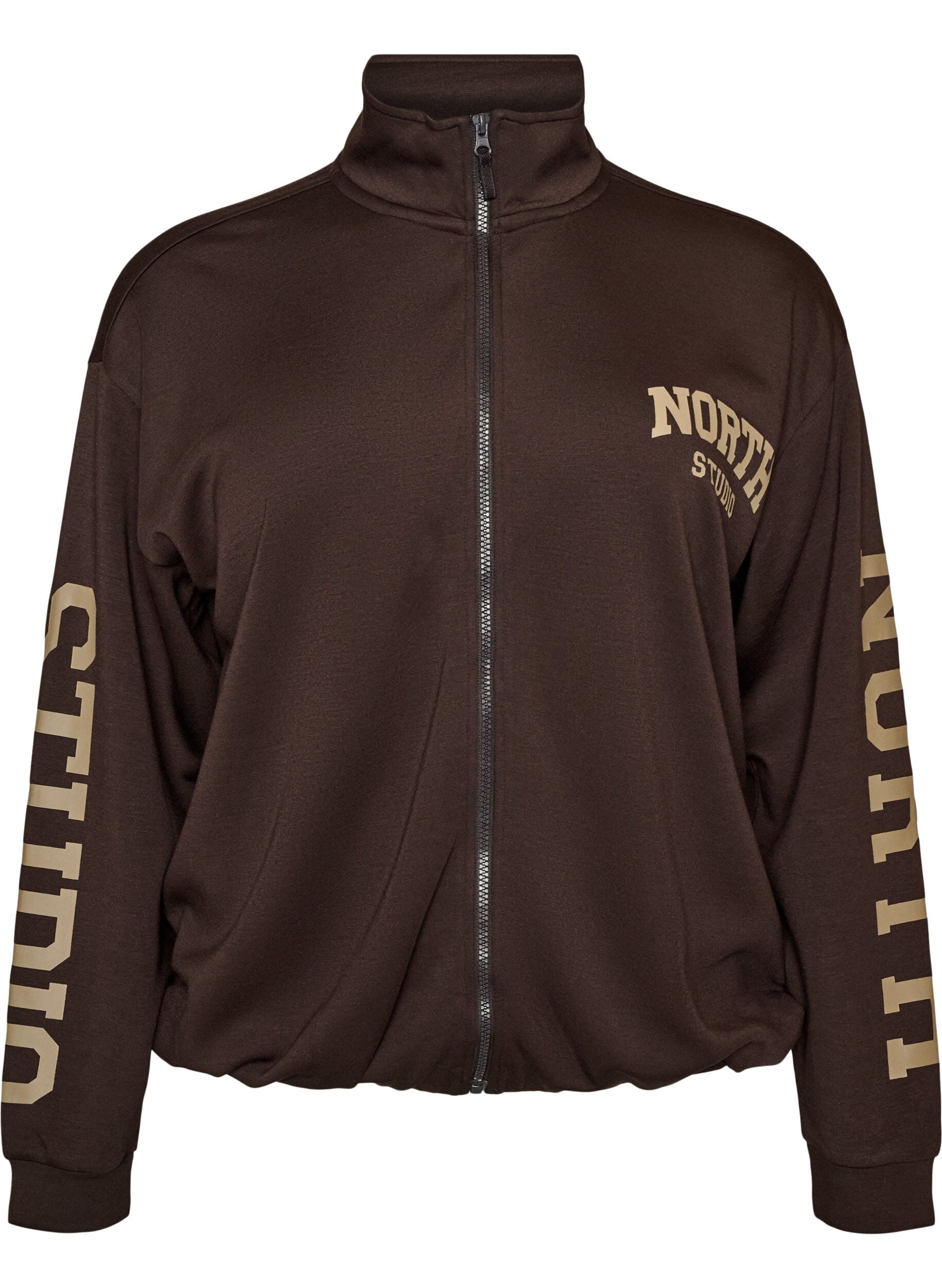 ZizziSporty bombercardigan med lynl&aring;s og h&oslash;j krave, Brun, Packshot image number 0