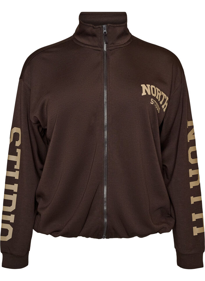 Sporty bombercardigan med lynl&aring;s og h&oslash;j krave, Brun, Packshot image number 0