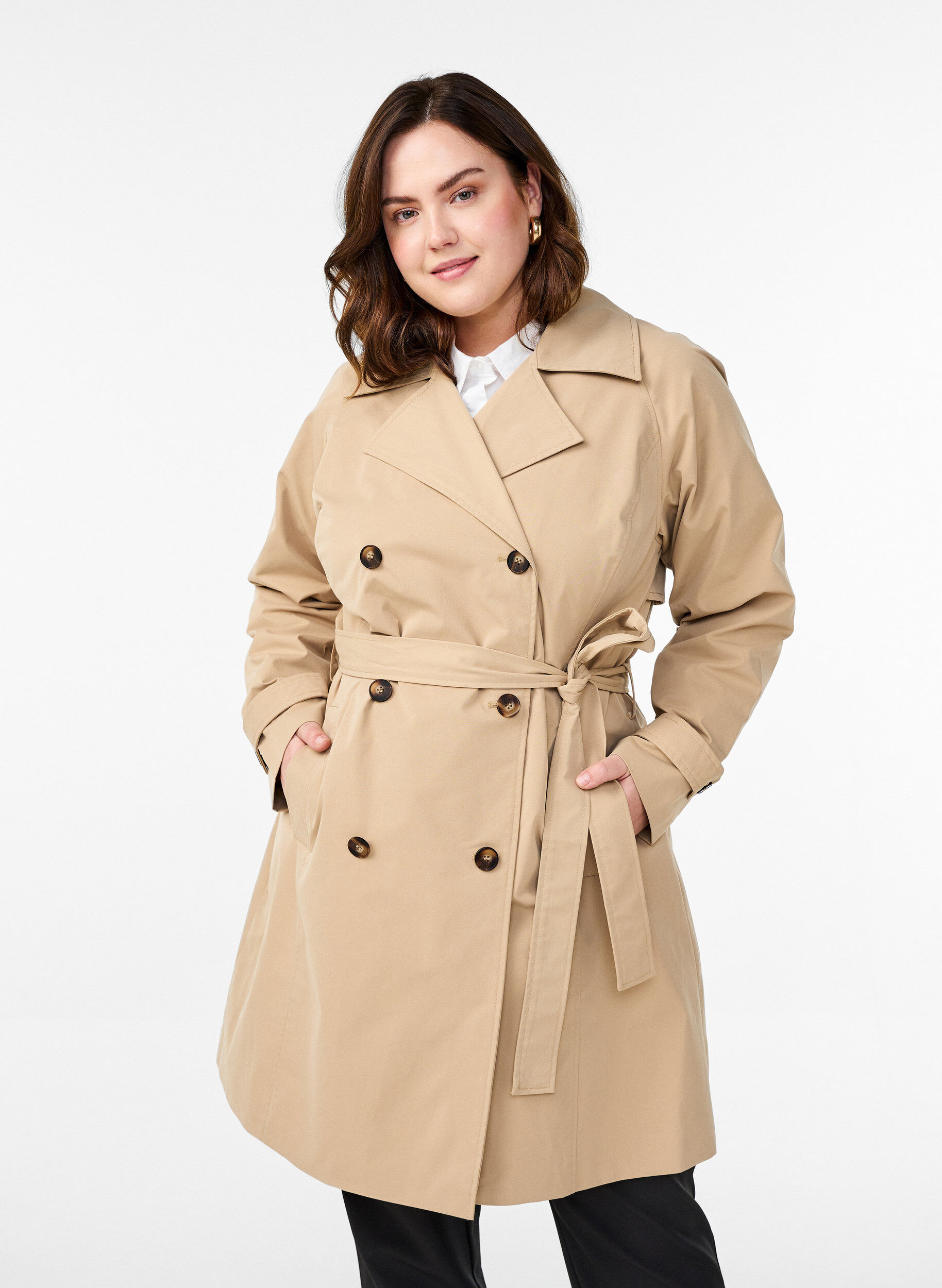 Zizzi Mellemlang trenchcoat med b&aelig;lte, Incense, Model image number 0