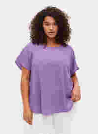 Bluse med korte ærmer og rund halsudskæring, Deep Lavender, Model