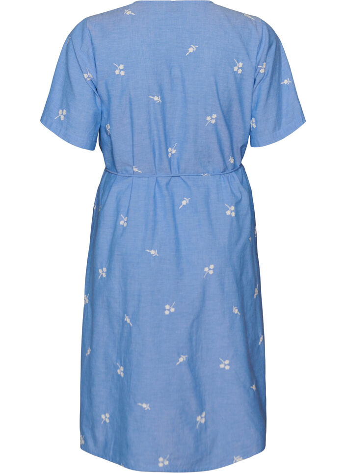 Skjortekjole i bomuld med broderede blomster, Bl&aring;, Packshot image number 1
