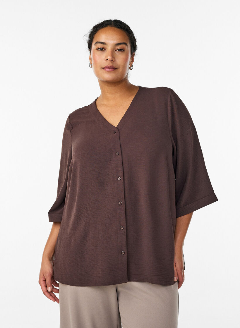 Skjortebluse med V-udsk&aelig;ring og 3/4-&aelig;rmer, Brun, Model image number 0