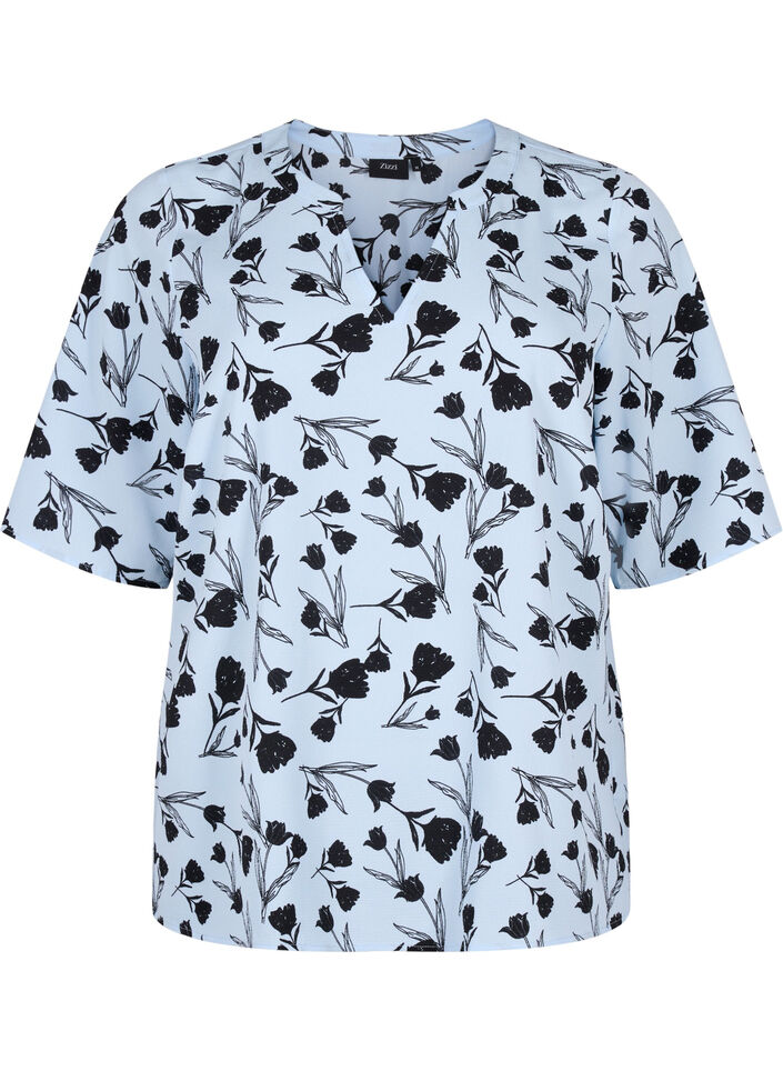 V-hals bluse med blomsterprint, Cashmere Blue Flower, Packshot image number 0