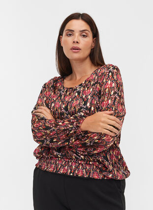 Printet bluse med lange ærmer og smock, Black Oriental, Model image number 0