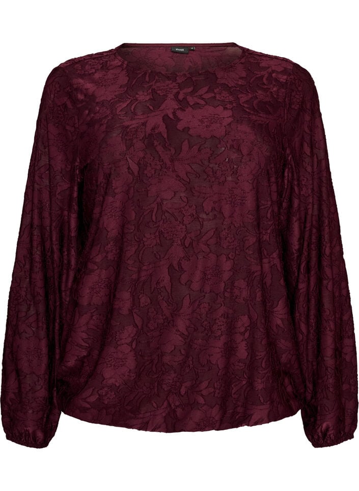 Transparent bluse med blomsterstruktur og lange &aelig;rmer, R&oslash;d, Packshot image number 0